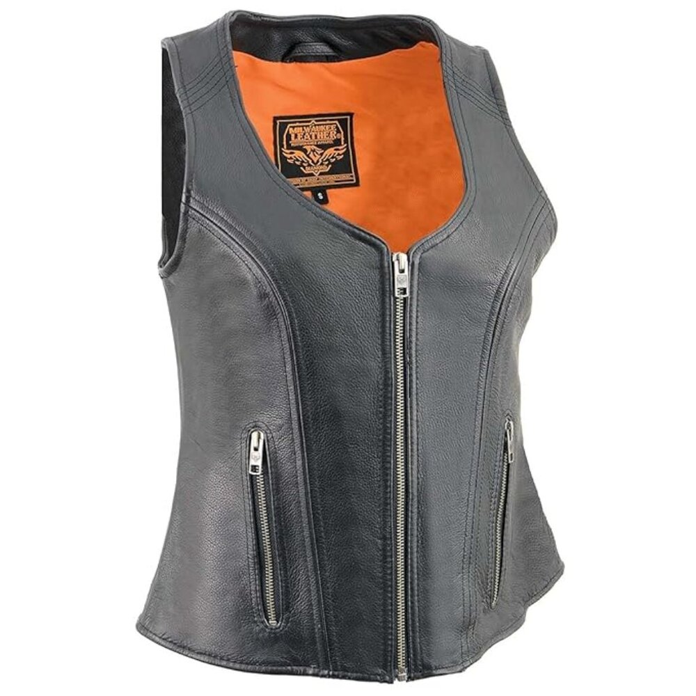 Milwaukee Women's Black‎ Leather Open Neck Motorcycle Rider Zipper Vest Size M